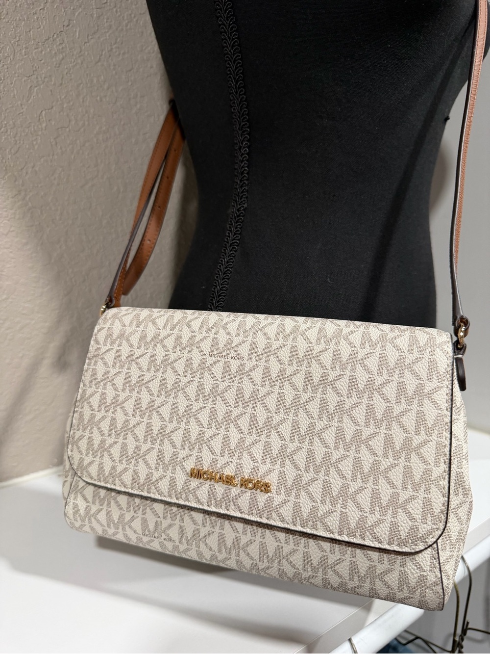 Michael Kors Cream Beige Logo Crossbody Bag with Brown Strap